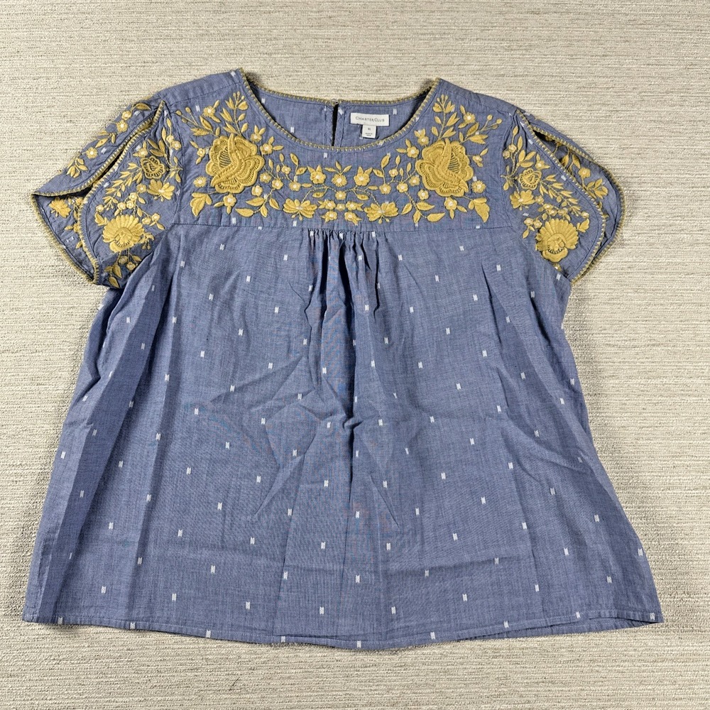 Boho Cottagecore Peasant Prairie Floral Embroidered Chambray Blouse XL Country